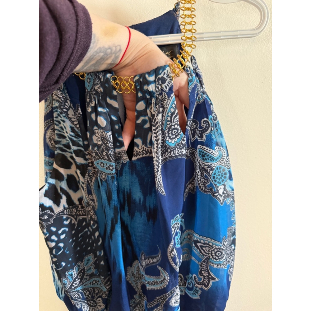 Women's Thalia Sodi Maxi Dress Size S Blue Gold Chain Halter - Picture 4 of 13